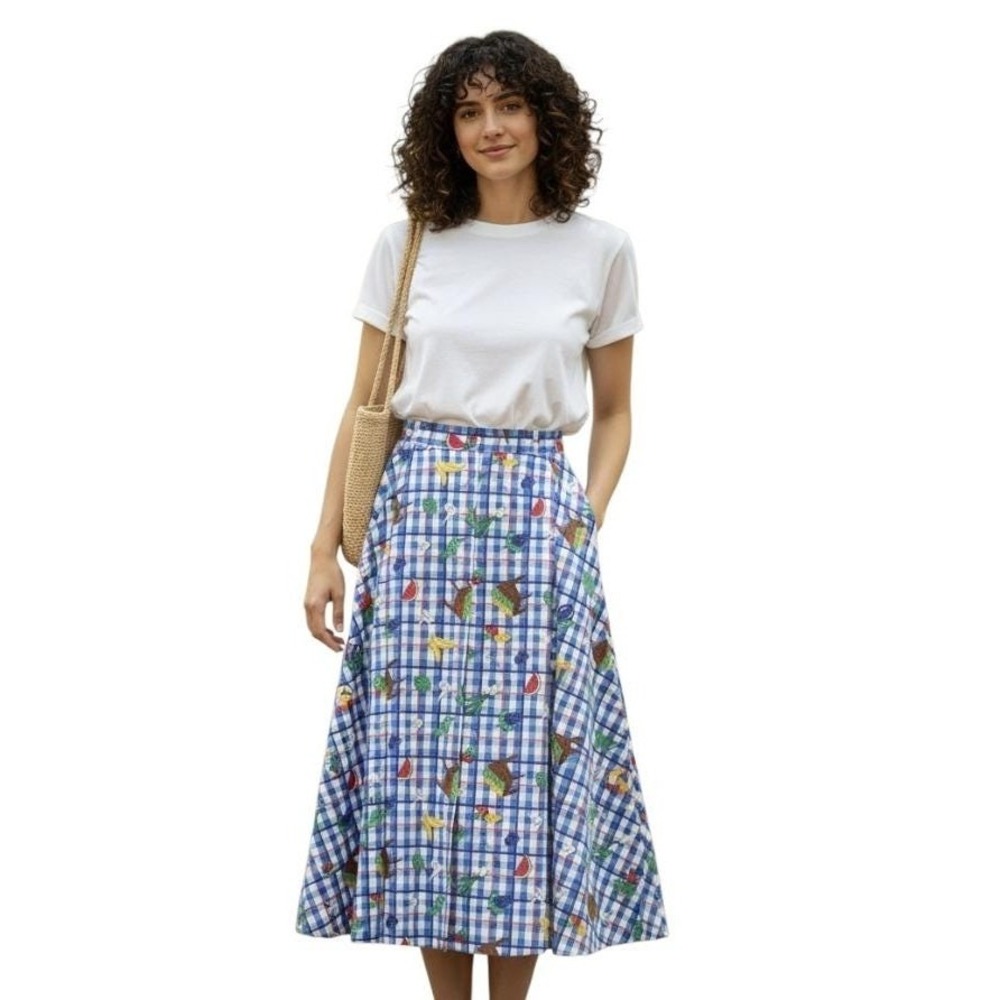 VTG A-LINE COTTON SKIRT Blue Checks Fruits-Veggies Farmers Market Gardener S